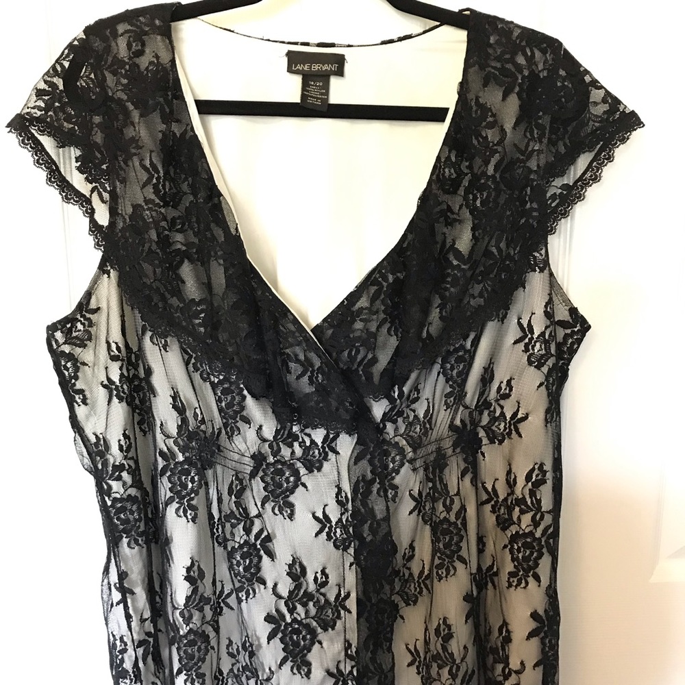 Ivory Faux Wrap Top w/ Black Lace Overlay.